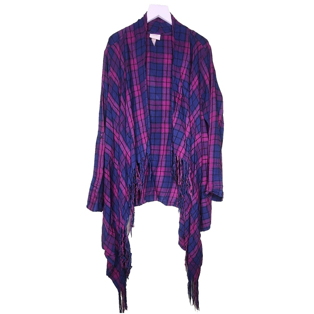 Knox Rose Boho Fringe Cardigan XL Multi‎ Plaid Open Roll Tab Sleeve Waterfall